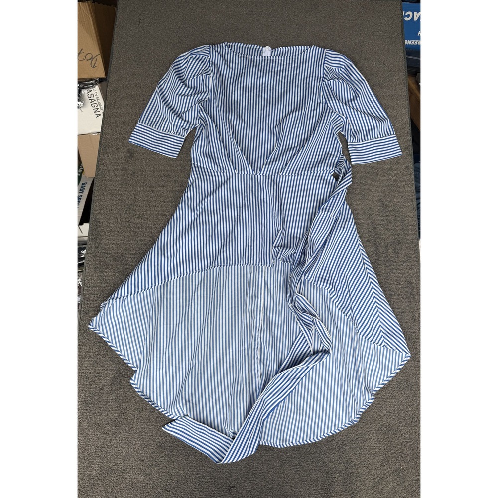 True Destiny Blue White Striped High-Low Dress Short Sleeve Tie Waist XL